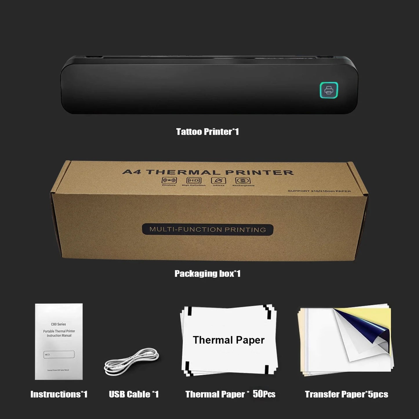 Imprimante Thermique Portable pour Tatouage HZTZ A80S – Bluetooth, 8 pouces, Pochoirs inclus