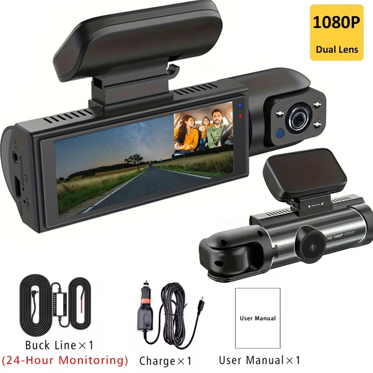Dashcam Double Objectif 1080P – Vision Nocturne, Enregistrement en Boucle, Surveillance Parking