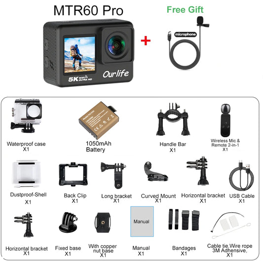 Caméra Sport OURLIFE MTR60 5K/4K60FPS – Étanche 30m, EIS 6 Axes, Écran Tactile