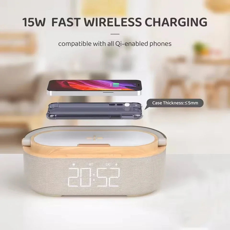 Enceinte Bluetooth AyeBeau — Chargeur Sans Fil, Radio FM, Réveil & Veilleuse