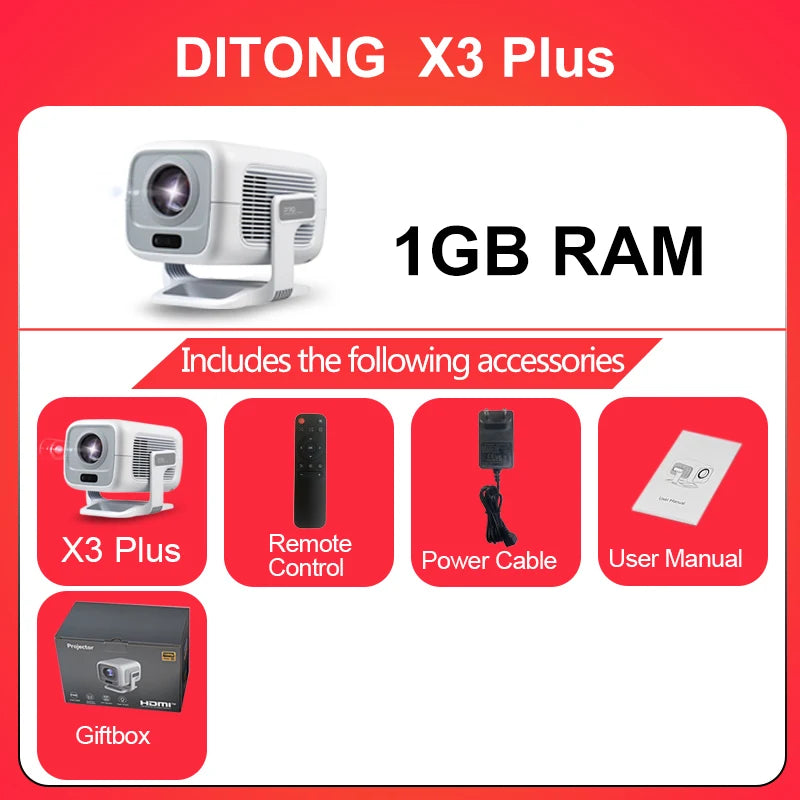 Projecteur DITONG X3 Plus – 1080P Natif, 600 ANSI, Android 11, WiFi 6, BT 5.4, Autofocus
