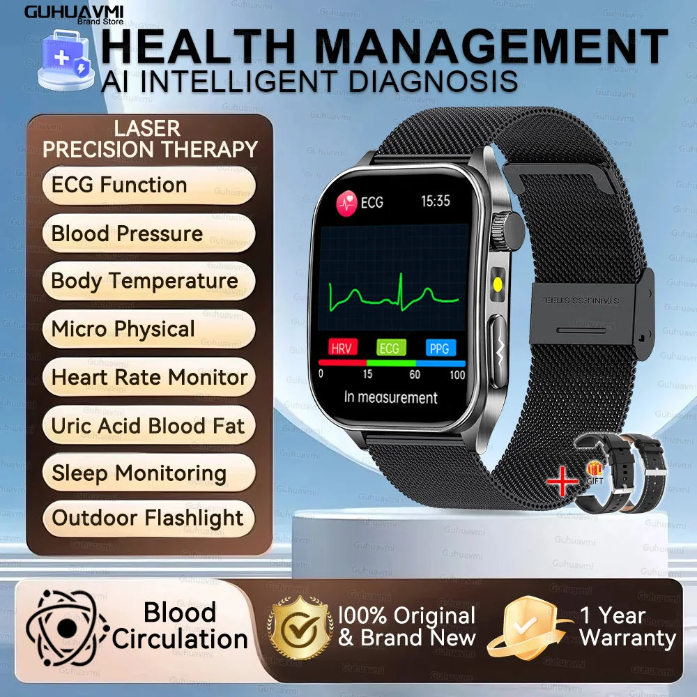 Montre Connectée Santé 2026 – Thérapie Laser 650nm, ECG, Tension, Acide Urique