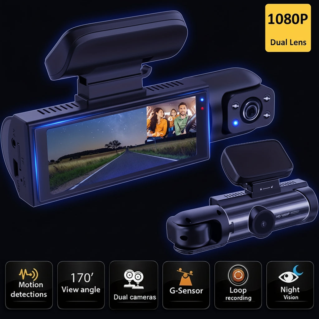 Dashcam Double Objectif 1080P – Vision Nocturne, Enregistrement en Boucle, Surveillance Parking