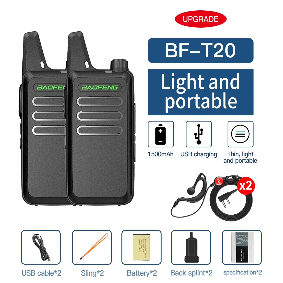 Talkie-Walkie BAOFENG BF-T20 — Radio Portable UHF, IP45, VOX, Charge USB