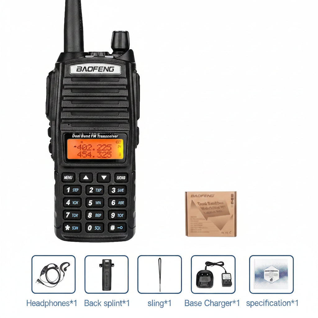 Talkie-Walkie BAOFENG UV-82 — Double Bande VHF/UHF, 5W/8W, Double PTT, Portée 10 km