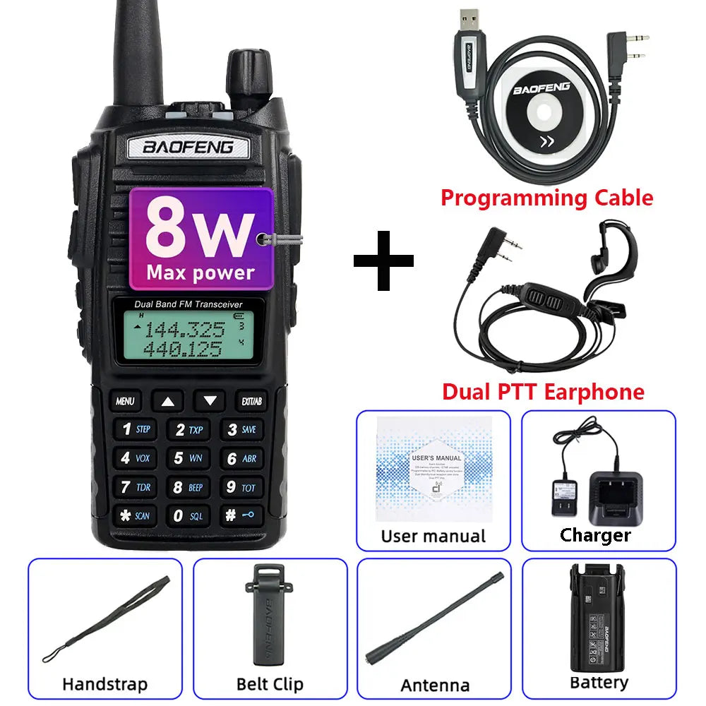 Talkie-Walkie BAOFENG UV-82 8W — Double Bande VHF/UHF, Double PTT, 128 Canaux, Portée 5-10 km