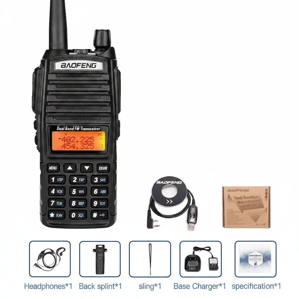 Talkie-Walkie BAOFENG UV-82 — Double Bande VHF/UHF, 5W/8W, Double PTT, Portée 10 km