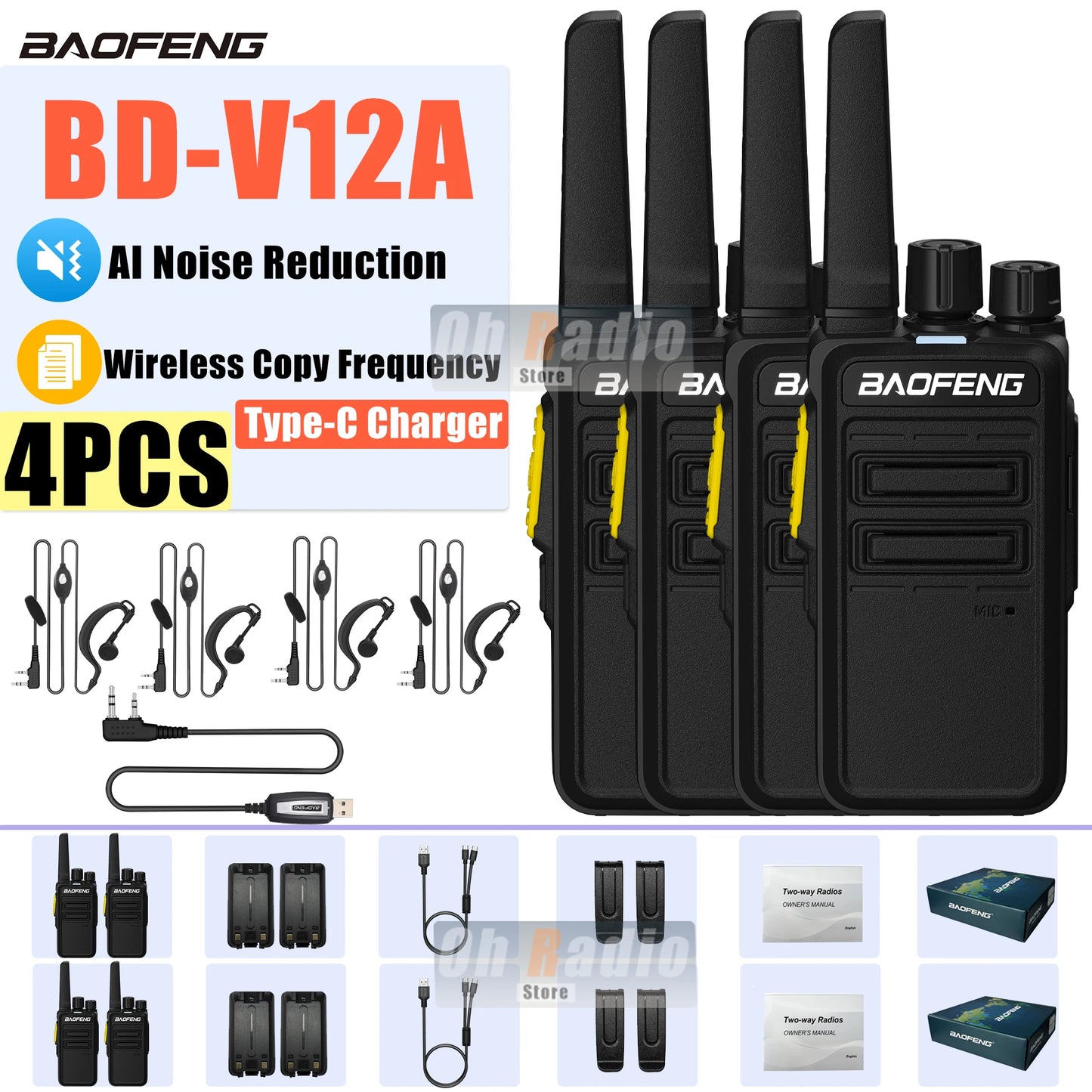 Baofeng BD-V12A – Talkie-Walkie Mini Professionnel | Réduction de Bruit & Charge USB-C