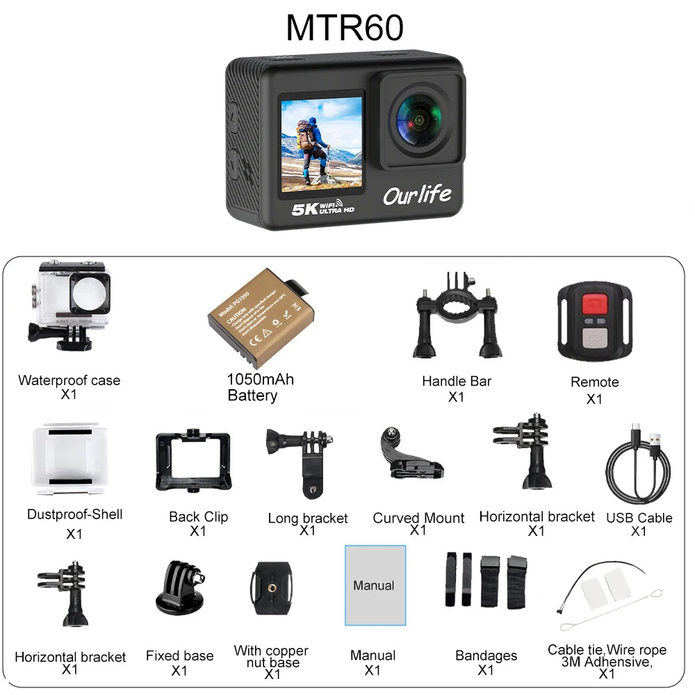 Caméra Sport OURLIFE MTR60 5K/4K60FPS – Étanche 30m, EIS 6 Axes, Écran Tactile