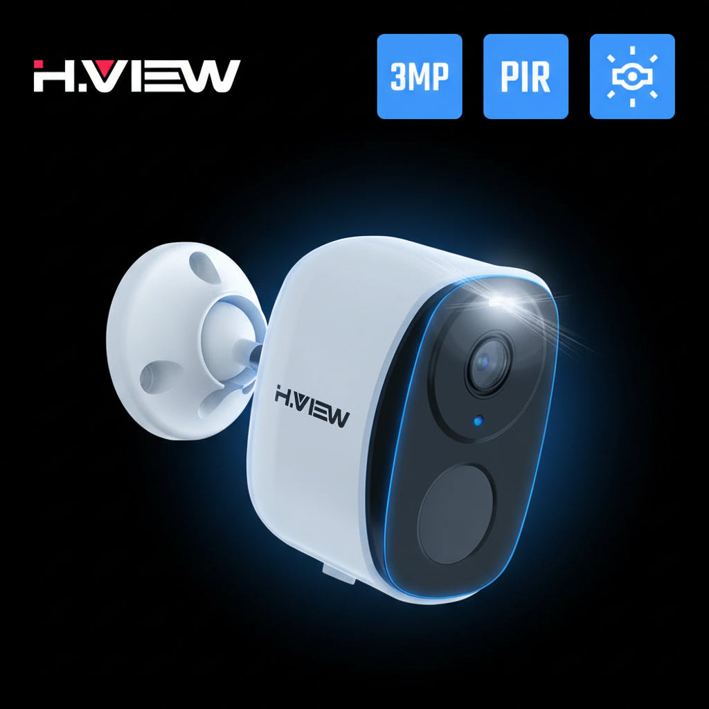 Caméra de Surveillance H.VIEW 3MP – Sans Fil, Batterie 5200mAh, Spotlight, Audio Bidirectionnel