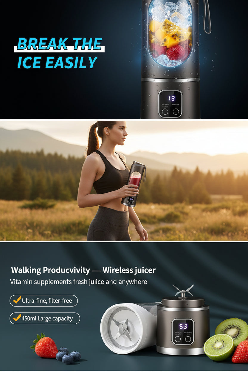 Mini Extracteur de Jus Électrique 450ml – Moteur Puissant 40W, Affichage Digital, Glace Pilée, Rechargeable