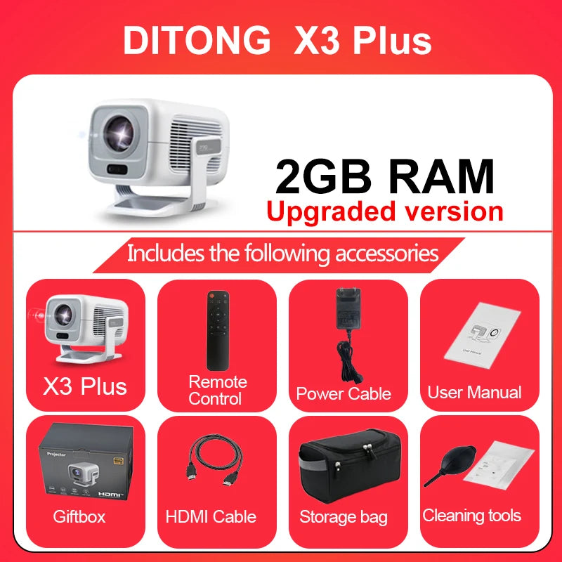 Projecteur DITONG X3 Plus – 1080P Natif, 600 ANSI, Android 11, WiFi 6, BT 5.4, Autofocus