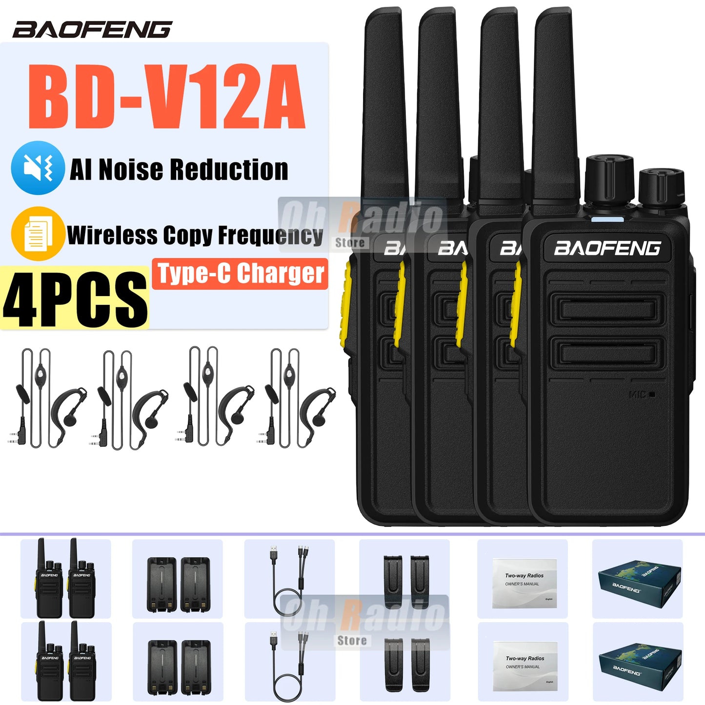Baofeng BD-V12A – Talkie-Walkie Mini Professionnel | Réduction de Bruit & Charge USB-C