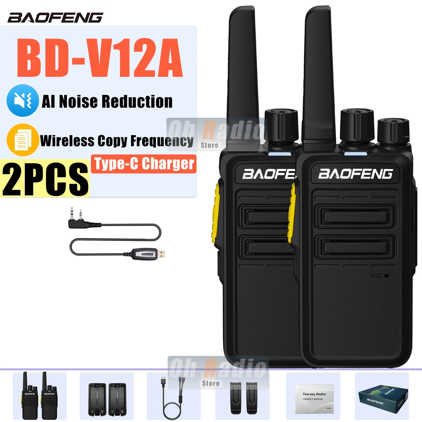 Baofeng BD-V12A – Talkie-Walkie Mini Professionnel | Réduction de Bruit & Charge USB-C