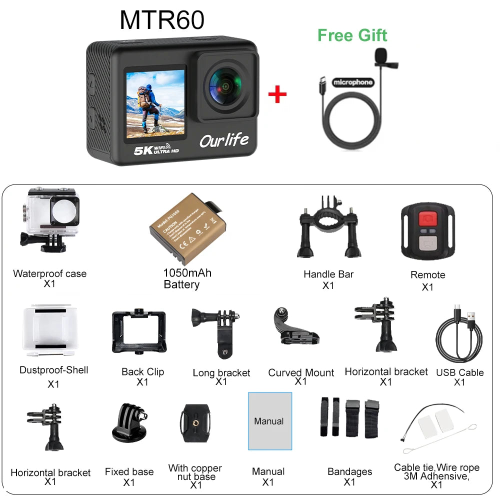 Caméra Sport OURLIFE MTR60 5K/4K60FPS – Étanche 30m, EIS 6 Axes, Écran Tactile