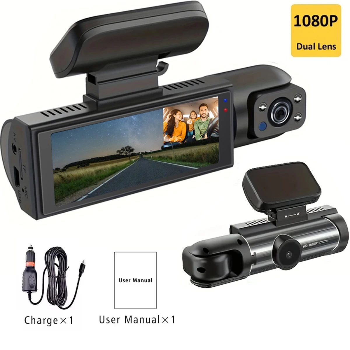 Dashcam Double Objectif 1080P – Vision Nocturne, Enregistrement en Boucle, Surveillance Parking
