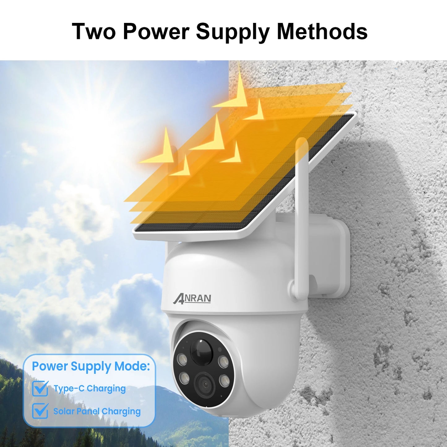 Caméra Solaire ANRAN 2K – 3MP/5MP, WiFi 2,4G, Rotation 355°, Vision Nocturne, IP66