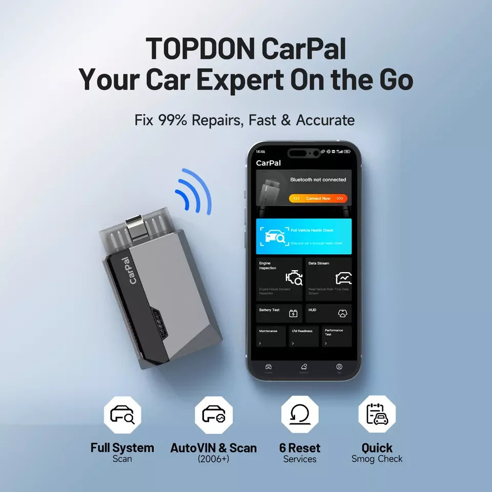Scanner OBD2 TOPDON CarPal – Diagnostic Complet, 6 Réinitialisations, Test Batterie & Contrôle Anti-Pollution
