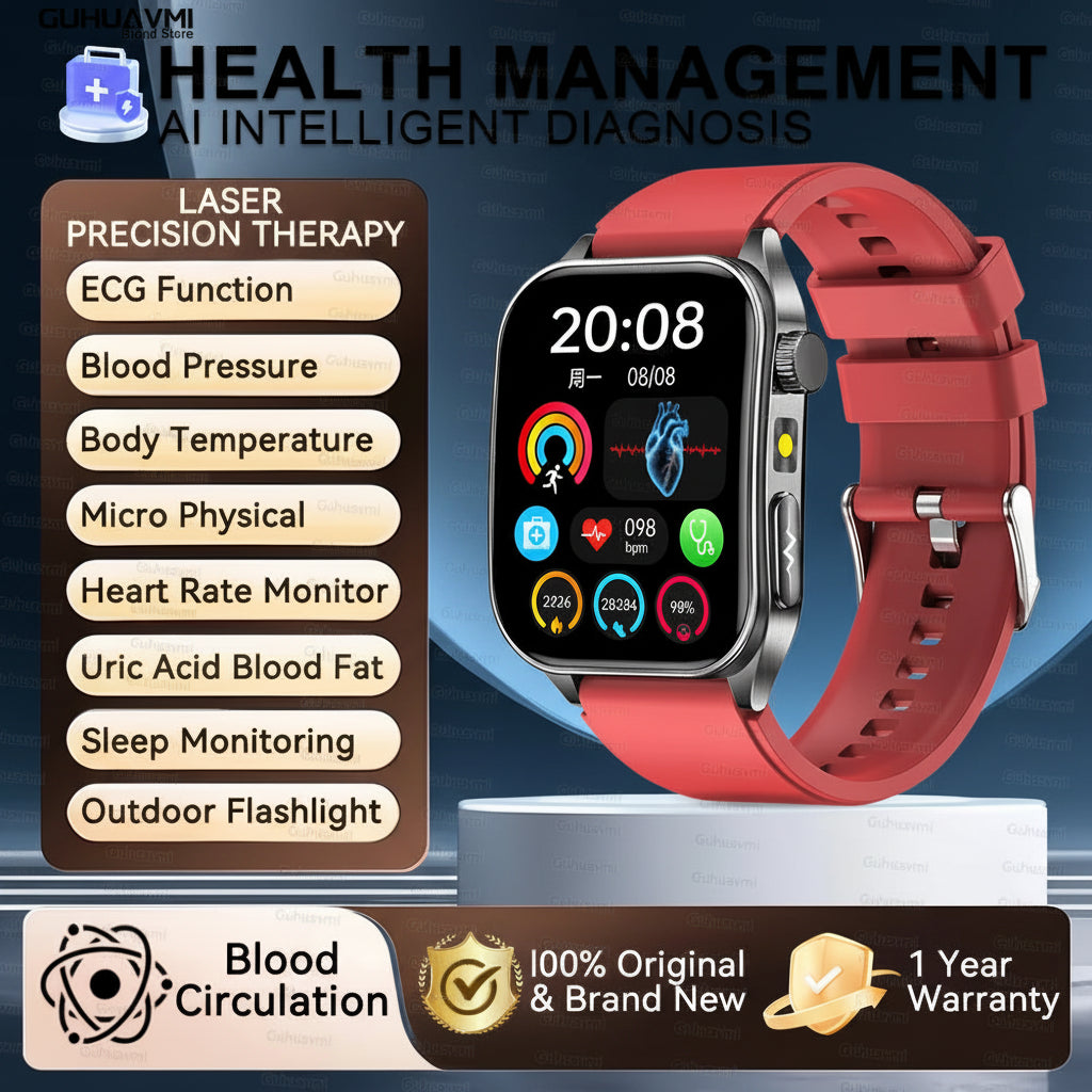 Montre Connectée Santé 2026 – Thérapie Laser 650nm, ECG, Tension, Acide Urique