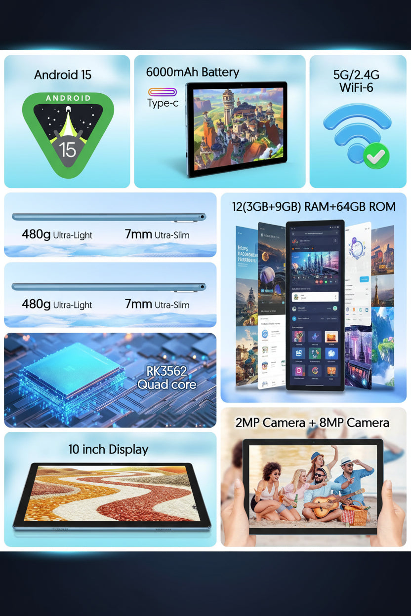 Tablette BAKEN 10" Android 15 – 12GB RAM | 64GB ROM | WiFi 5G | Double Caméra | Pack Clavier