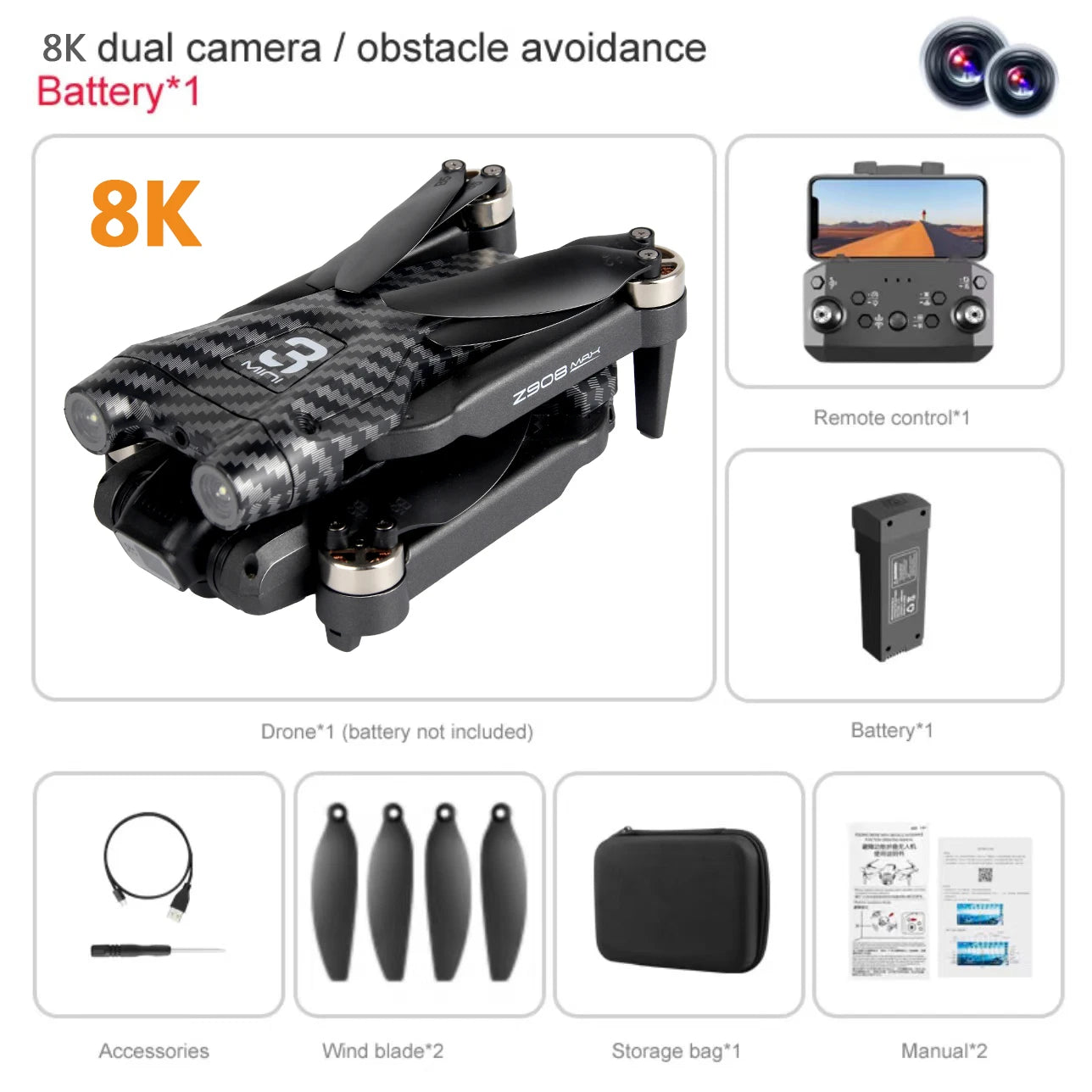 Drone Z908 Pro MAX – Caméra Double 8K, GPS, Évitement Laser, Moteur Brushless, WiFi 5G FPV