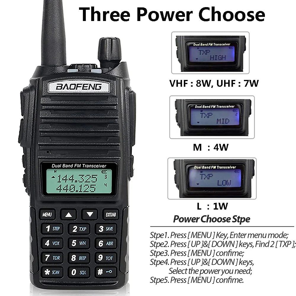 Talkie-Walkie BAOFENG UV-82 8W — Double Bande VHF/UHF, Double PTT, 128 Canaux, Portée 5-10 km