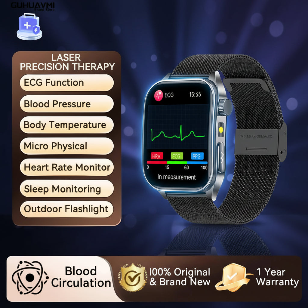 Montre Connectée Santé 2026 – Thérapie Laser 650nm, ECG, Tension, Acide Urique
