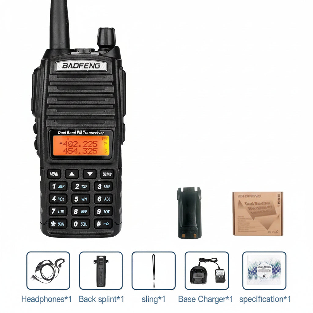 Talkie-Walkie BAOFENG UV-82 — Double Bande VHF/UHF, 5W/8W, Double PTT, Portée 10 km
