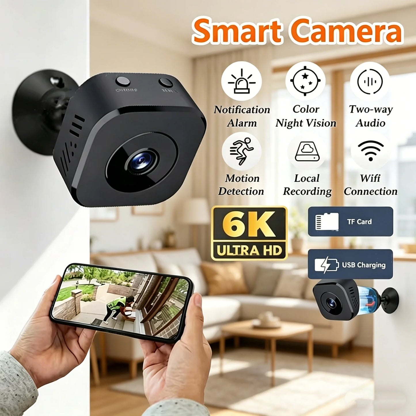 Mini Caméra de Surveillance WiFi 4K – Vision Nocturne, Détection de Mouvement, Audio Bidirectionnel