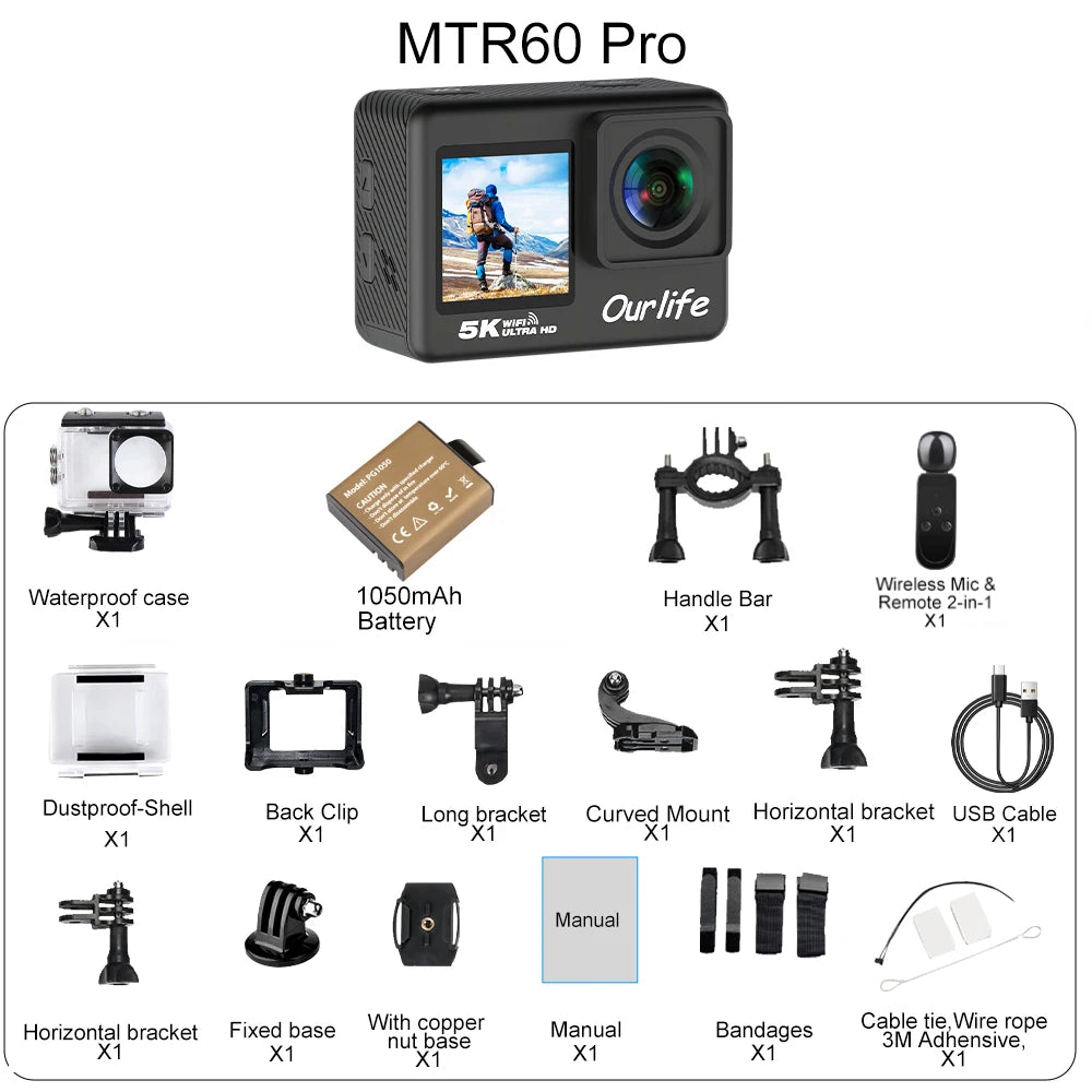 Caméra Sport OURLIFE MTR60 5K/4K60FPS – Étanche 30m, EIS 6 Axes, Écran Tactile