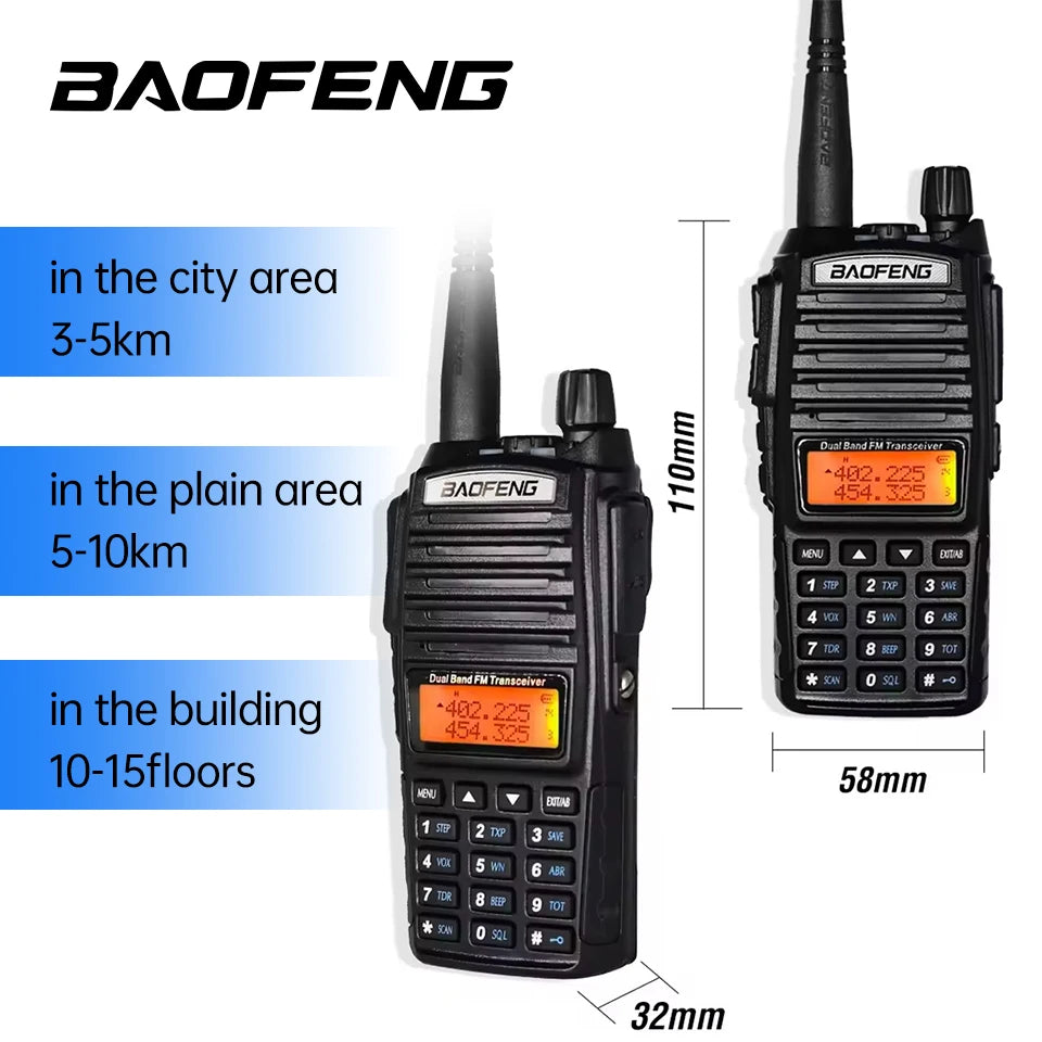 Talkie-Walkie BAOFENG UV-82 — Double Bande VHF/UHF, 5W/8W, Double PTT, Portée 10 km