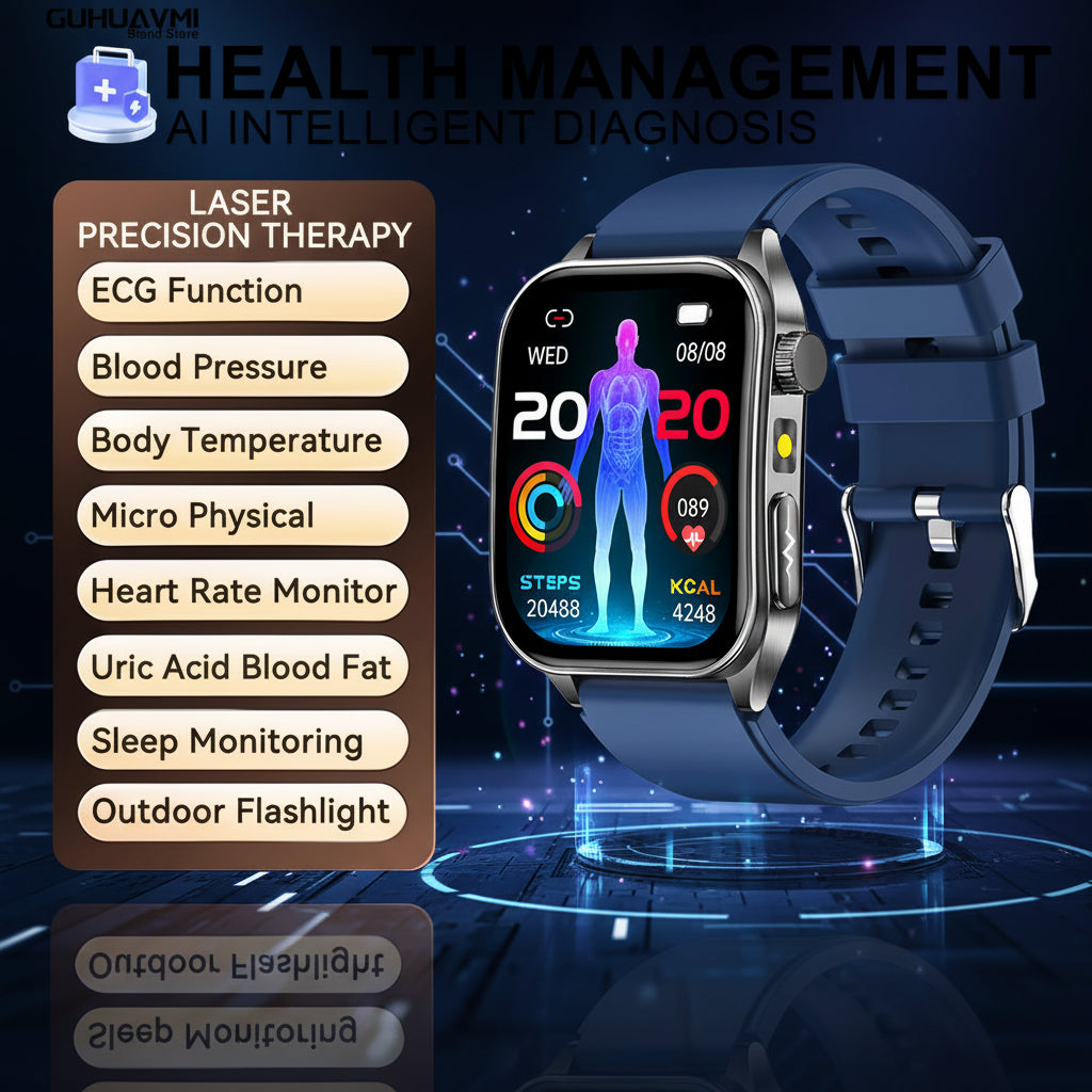 Montre Connectée Santé 2026 – Thérapie Laser 650nm, ECG, Tension, Acide Urique