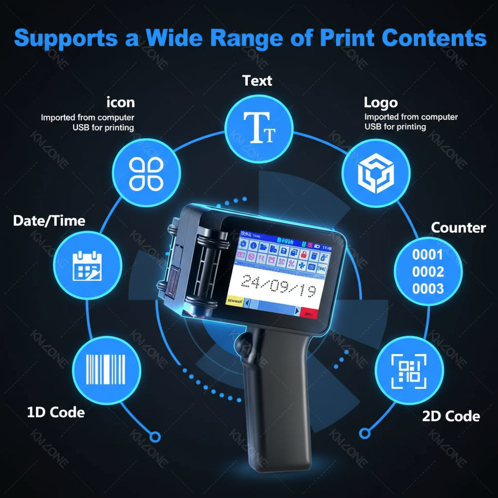 Imprimante Jet d'Encre Portable KMZONE INKP006 – Impression 2-12.7mm, QR Code, Texte, Logo, Barcode