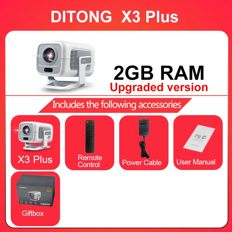 Projecteur DITONG X3 Plus – 1080P Natif, 600 ANSI, Android 11, WiFi 6, BT 5.4, Autofocus