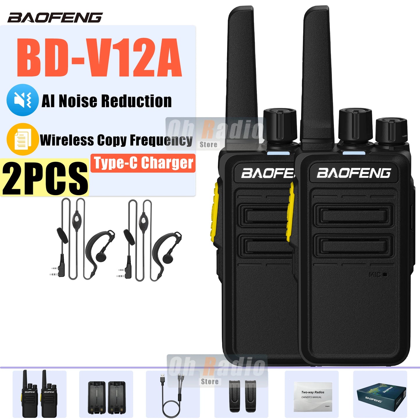 Baofeng BD-V12A – Talkie-Walkie Mini Professionnel | Réduction de Bruit & Charge USB-C