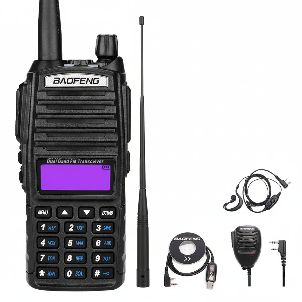 Talkie-Walkie BAOFENG UV-82 — Double Bande VHF/UHF, 5W/8W, Double PTT, Portée 10 km