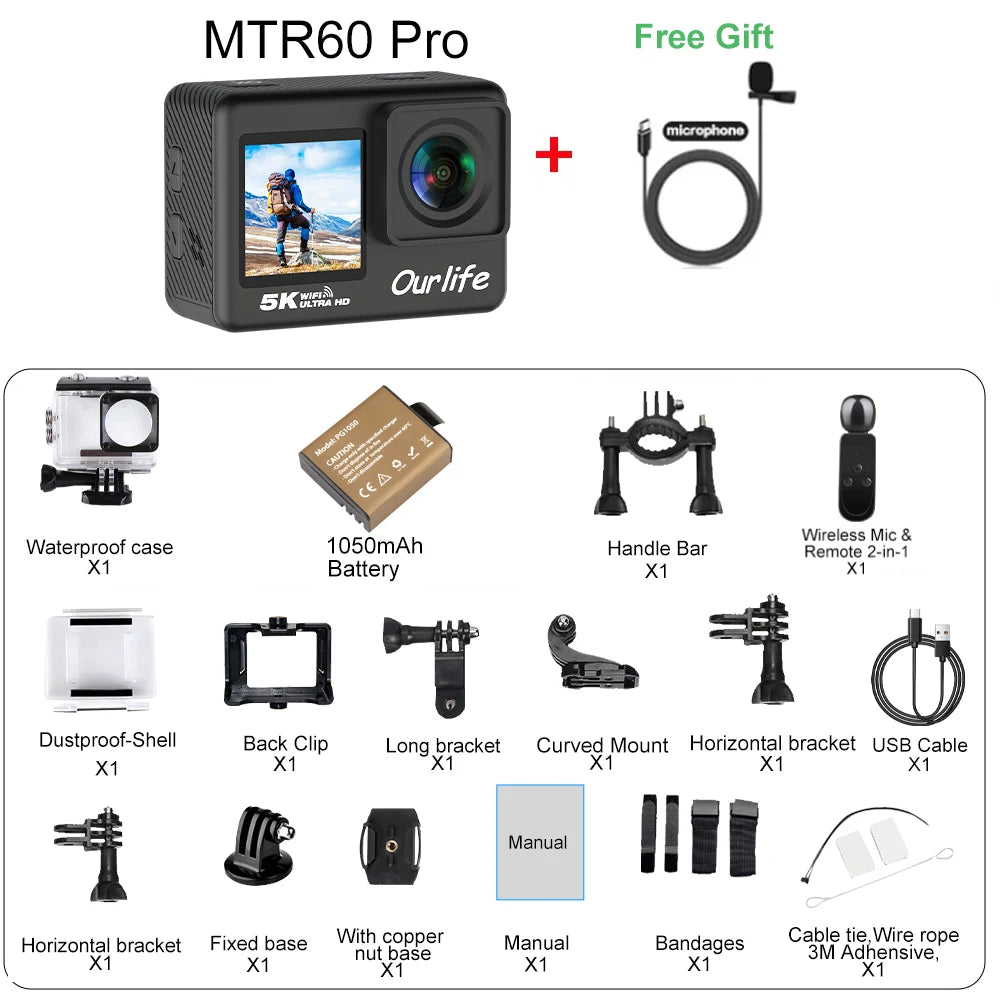 Caméra Sport OURLIFE MTR60 5K/4K60FPS – Étanche 30m, EIS 6 Axes, Écran Tactile