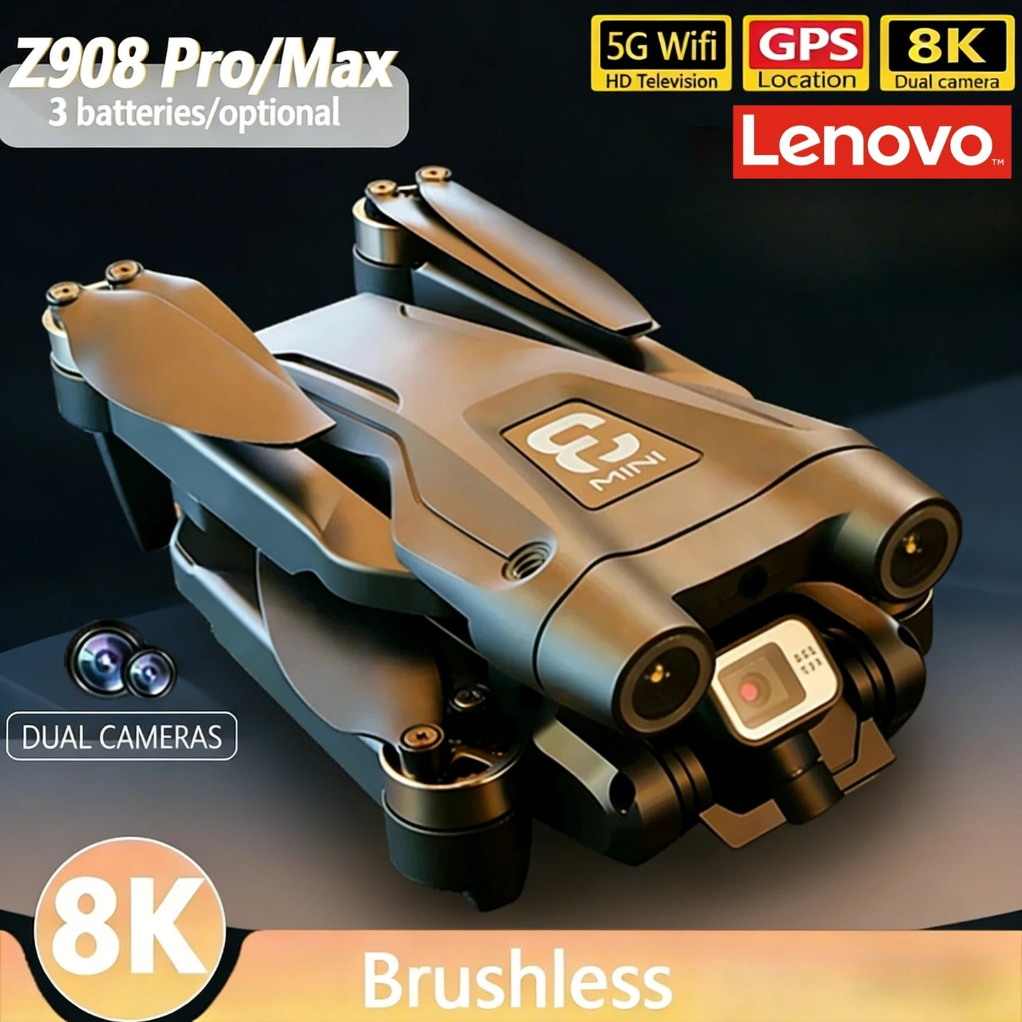 Drone Lenovo Z908 Pro MAX – Caméra 4K/6K/8K, Moteur Brushless, WiFi FPV, Pliable