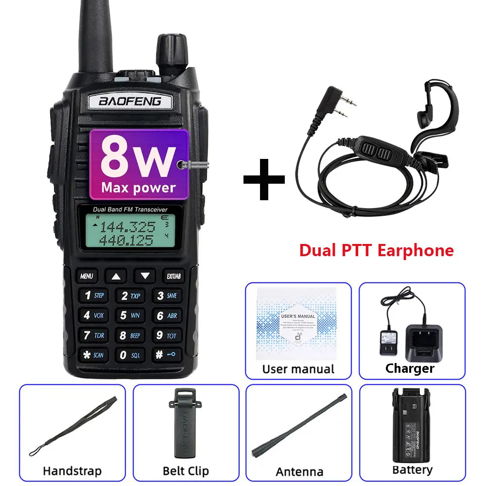 Talkie-Walkie BAOFENG UV-82 8W — Double Bande VHF/UHF, Double PTT, 128 Canaux, Portée 5-10 km