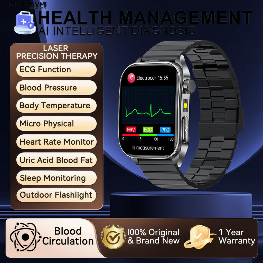 Montre Connectée Santé 2026 – Thérapie Laser 650nm, ECG, Tension, Acide Urique