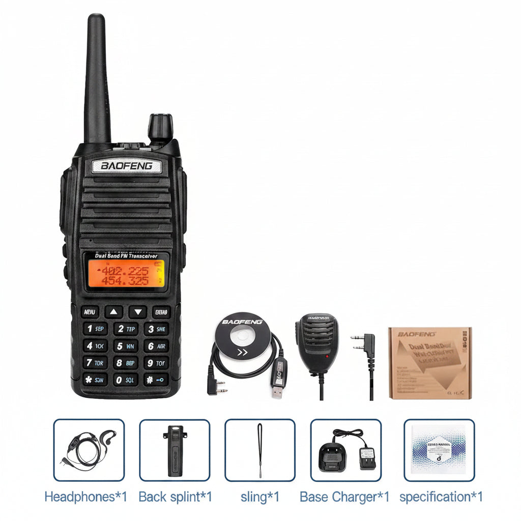 Talkie-Walkie BAOFENG UV-82 — Double Bande VHF/UHF, 5W/8W, Double PTT, Portée 10 km