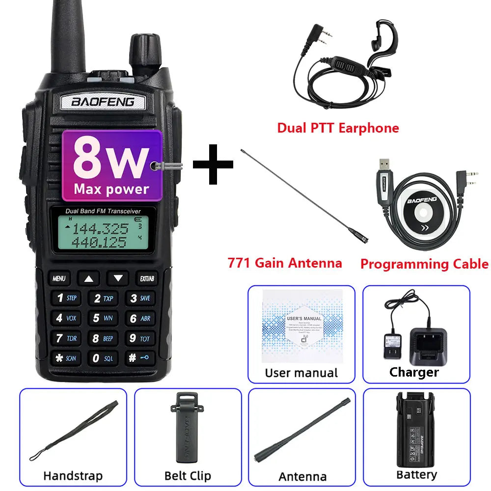 Talkie-Walkie BAOFENG UV-82 8W — Double Bande VHF/UHF, Double PTT, 128 Canaux, Portée 5-10 km