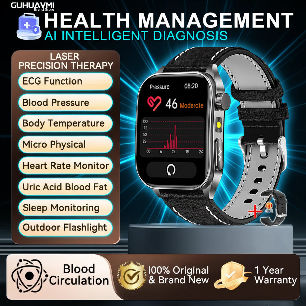 Montre Connectée Santé 2026 – Thérapie Laser 650nm, ECG, Tension, Acide Urique