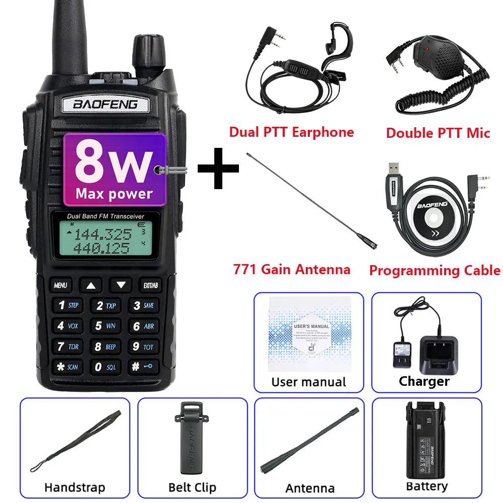 Talkie-Walkie BAOFENG UV-82 8W — Double Bande VHF/UHF, Double PTT, 128 Canaux, Portée 5-10 km