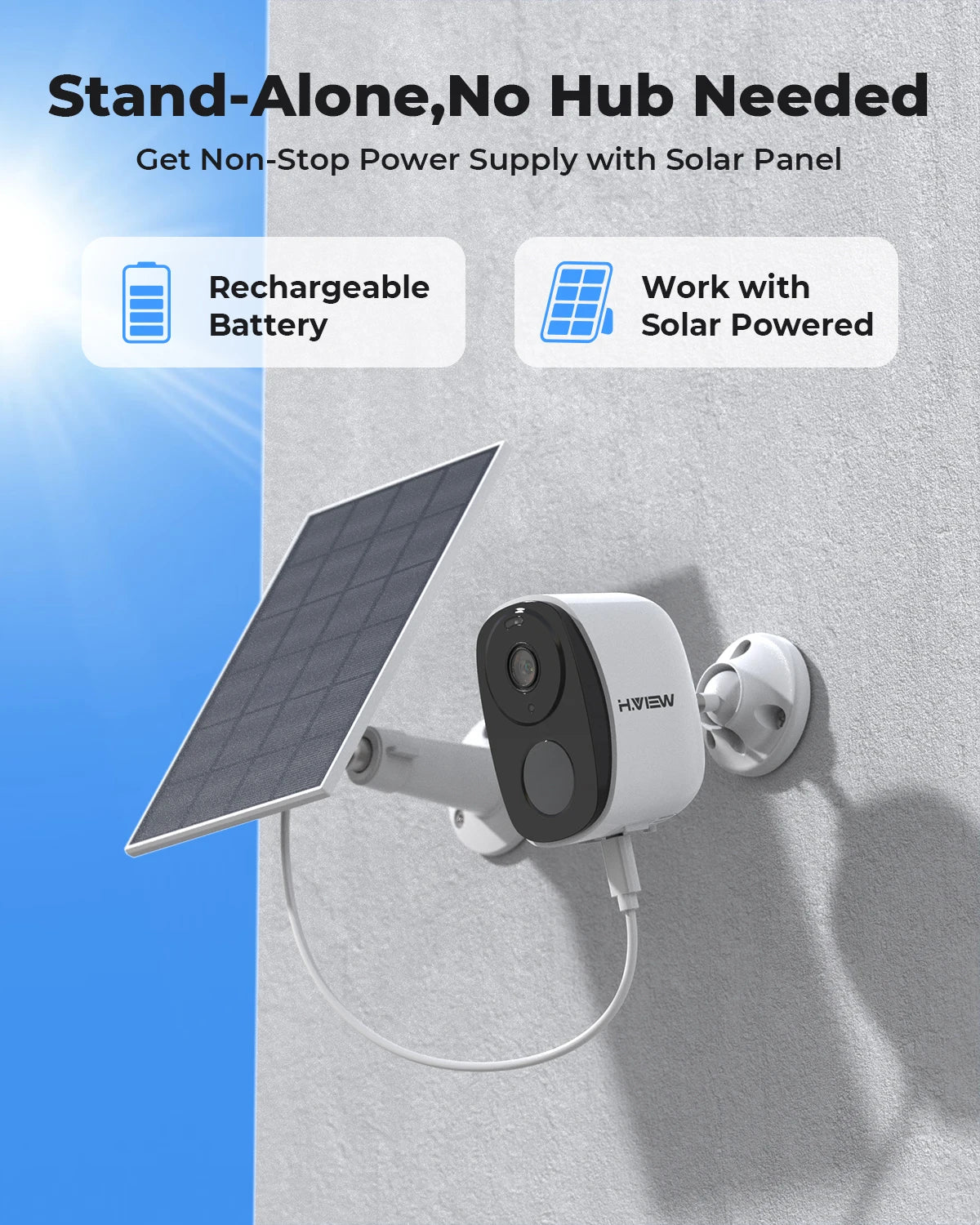 Caméra de Surveillance H.VIEW 3MP – Sans Fil, Batterie 5200mAh, Spotlight, Audio Bidirectionnel