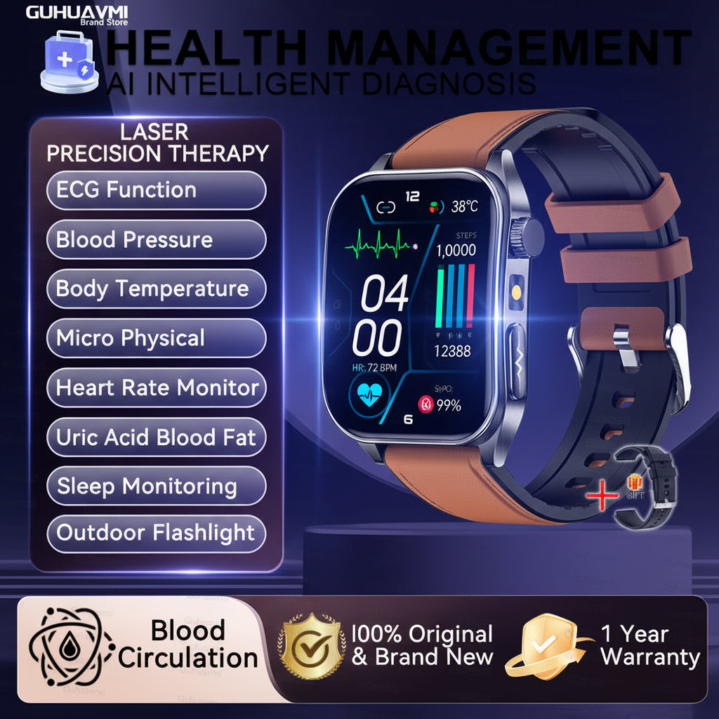 Montre Connectée Santé 2026 – Thérapie Laser 650nm, ECG, Tension, Acide Urique