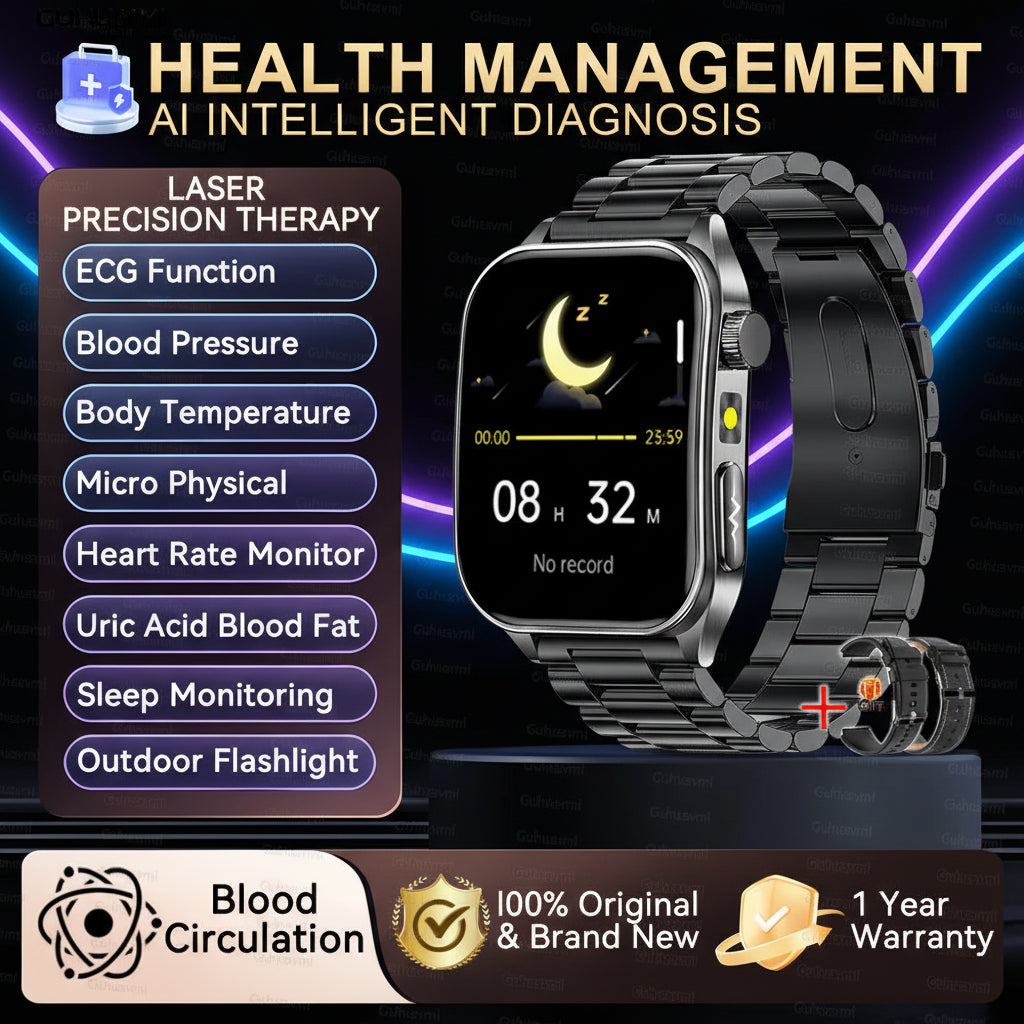 Montre Connectée Santé 2026 – Thérapie Laser 650nm, ECG, Tension, Acide Urique