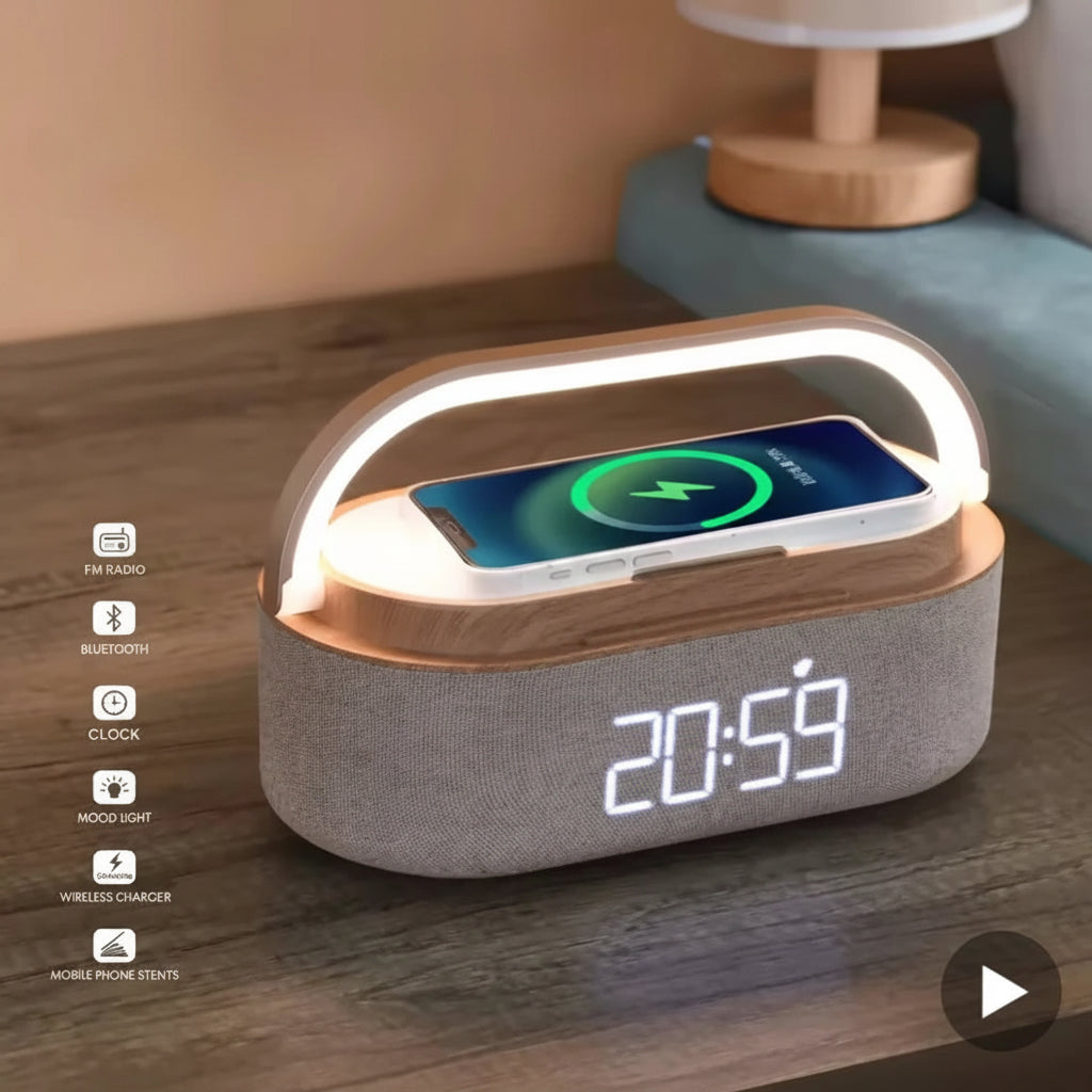 Enceinte Bluetooth AyeBeau — Chargeur Sans Fil, Radio FM, Réveil & Veilleuse