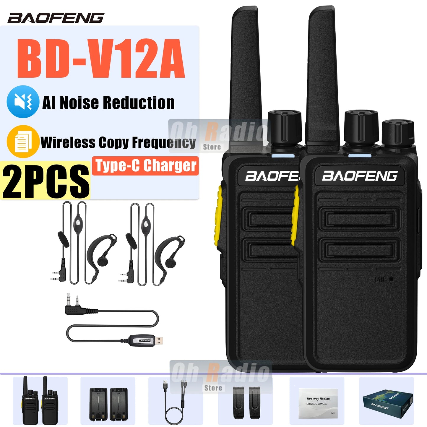 Baofeng BD-V12A – Talkie-Walkie Mini Professionnel | Réduction de Bruit & Charge USB-C
